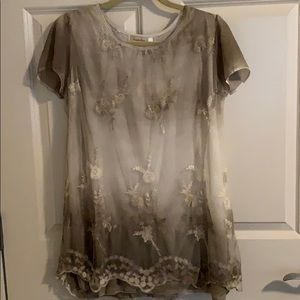 A khaki colored lace blouse